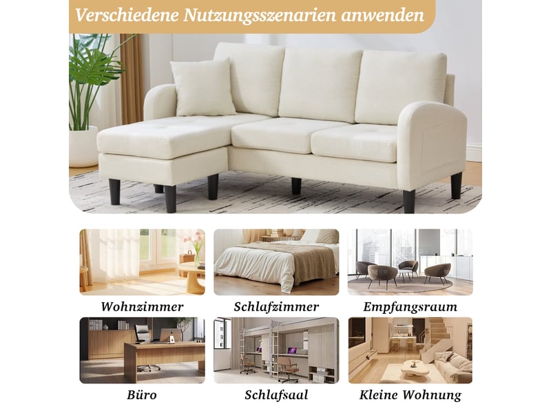  Canapé d'angle avec méridienne réversible, canapé 3 places beige clair en lin respirant, structure modulaire compacte 166x118x77 cm  - Conforama B