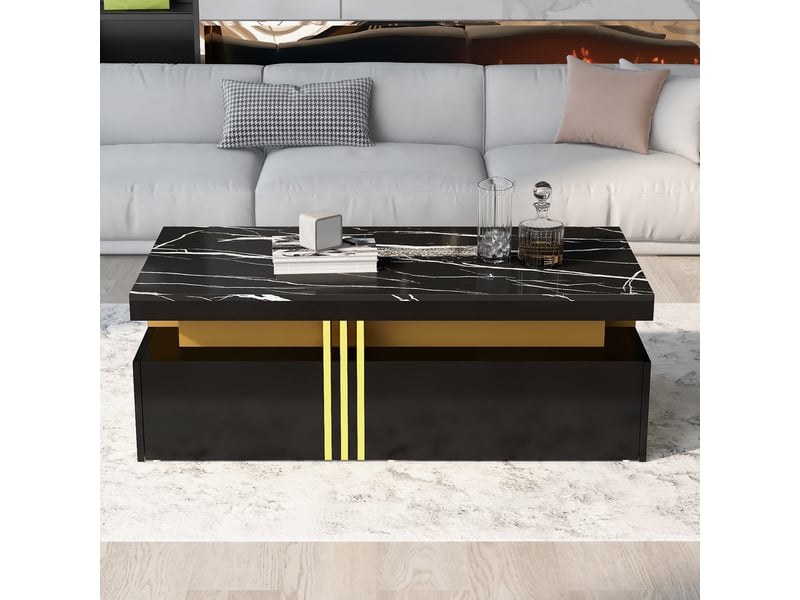  Meuble tv avec table basse, 5 tiroirs et plateau effet marbre, pour salon moderne en panneaux de particules noirs  - Conforama B