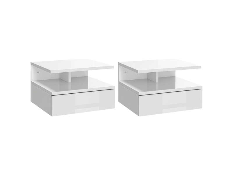 Lot de 2 tables de chevet modernes suspendues en bois blanc laqué avec tiroir et étagère 35x32x22.5 cm