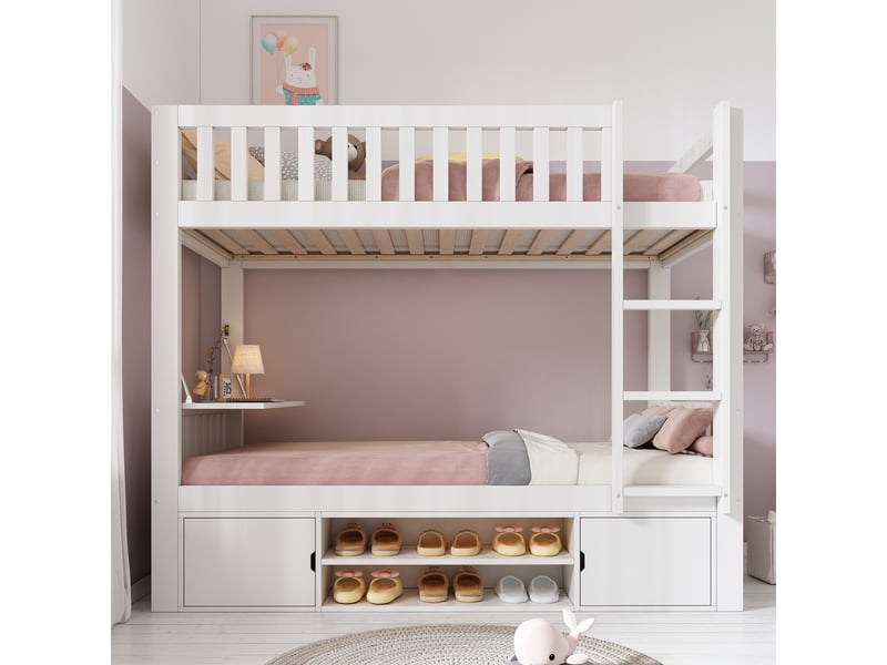 Lit mezzanine enfant 90x200 cm, lit superposé avec bureau pliant et rangement chaussures, lit gain de place en bois mdf, sommier inclus, blanc - Conforama B