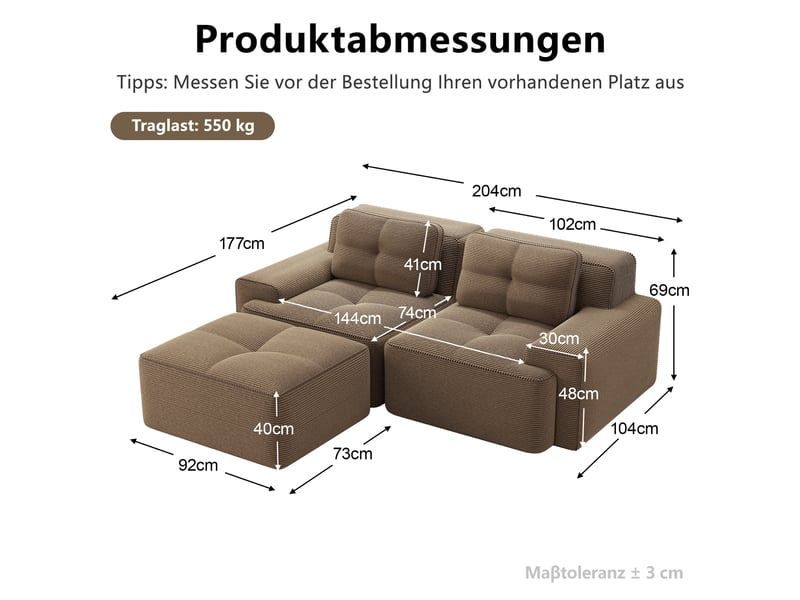 Canapé modulable d'angle en l,204x177x69cm,canapé 2 places sans structure avec 1 pouf,en velours côtel,rembourrage haute densité 32d - marron - Conforama C