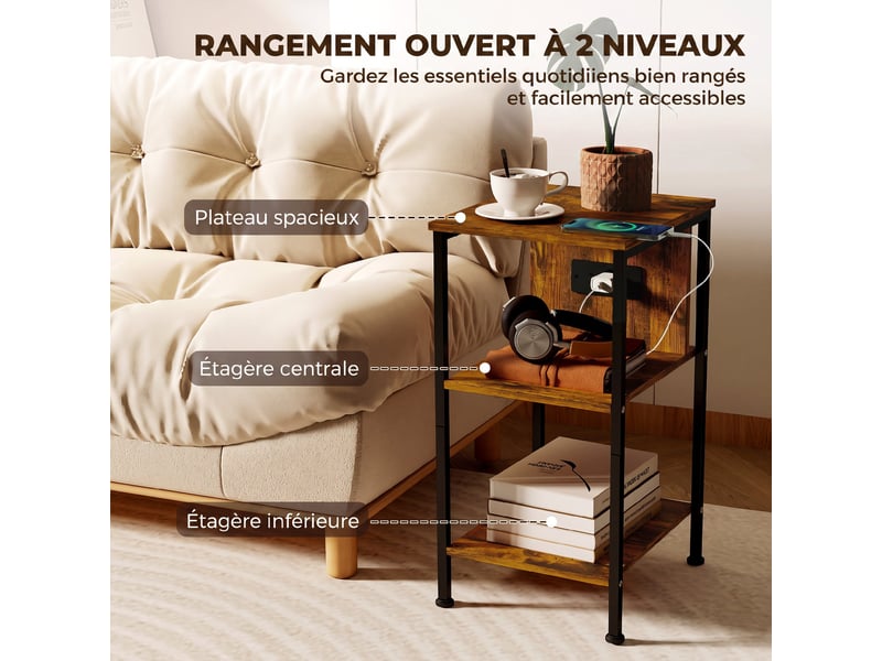  Table d'appoint avec station de charge, bout de canapé étroit avec 2 étagères ouvertes, style industriel, brun rustique  - Conforama R