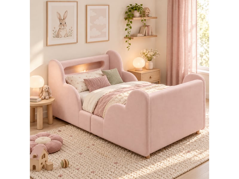  Lit enfant capitonné 90x200 cm rose en velours, barrières de sécurité et pieds en bois massif, sans matelas  - Conforama B