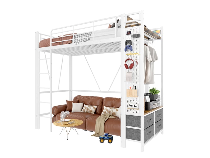  Lit mezzanine 90 x 200cm, structure métal, 4 tiroirs, étagères, led, usb type-c, échelle, sans matelas, blanc  - Conforama A