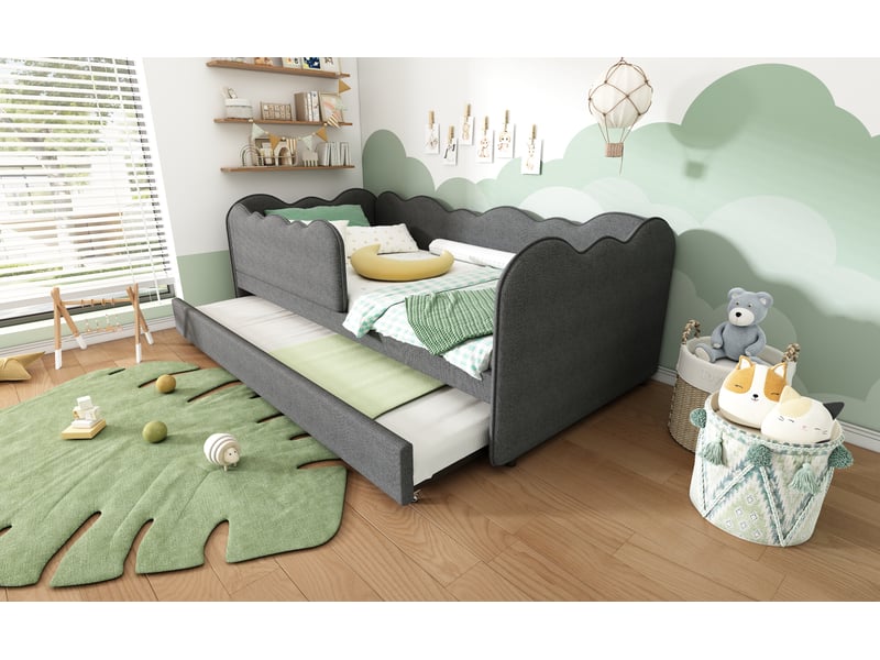  Lit gigogne 90x190 cm gris lin avec sommier inclus evarich - Conforama E
