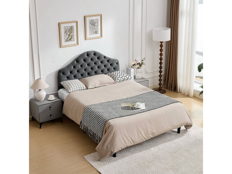 Cadre de lit 140x200, lit capitonné en velours gris avec tête de lit réglable - Conforama B