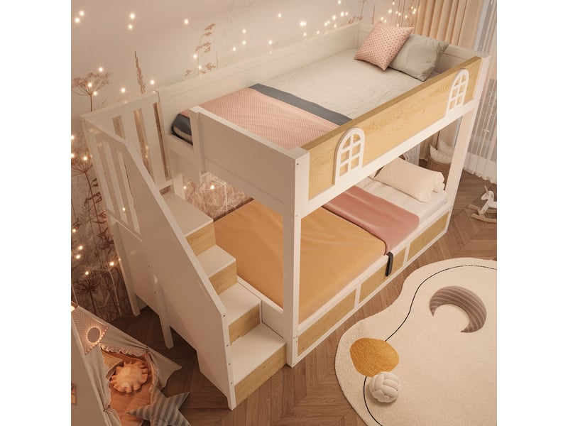  Lit superposé enfant 90x200, sécurité renforcée norme en 747-1 lit superposé, escalier rangement intégré, gain d'espace, design cabane  - Conforama E