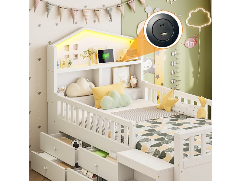  Lit enfant 90x200 cm avec tiroirs, led et ports usbtype-c en bois blanc sans matelas  - Conforama D