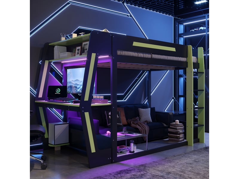 Lit mezzanine 120x200 cm - avec échelle - avec éclairage led - bureau et support pour tour d'ordinateur - bois massif + mdf - noir (sans matelas) - Conforama E