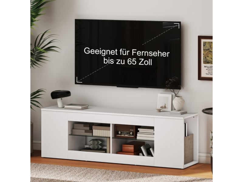 Meuble tv blanc 140 cm - 6 compartiments - 2 étagères en verre - panneau de particules - Conforama D