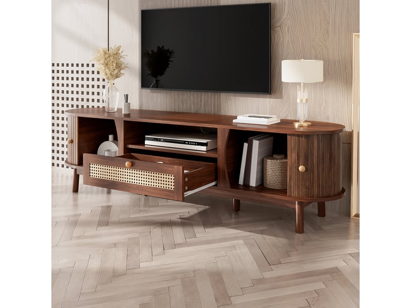  Meuble tv rotin et noyer avec portes coulissantes 165 cm  - Conforama D