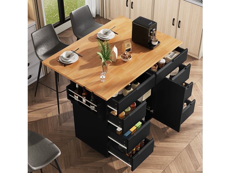  Îlot de cuisine mobile noir en mdf, 8 tiroirs, plateau pliant et roulettes  - Conforama E