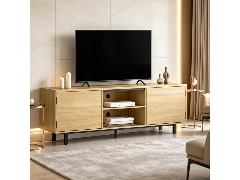  Meuble tv 160 cm pour écran jusqu’à 65 pouces, 2 portes et 2 niches, naturel noir  - Conforama D