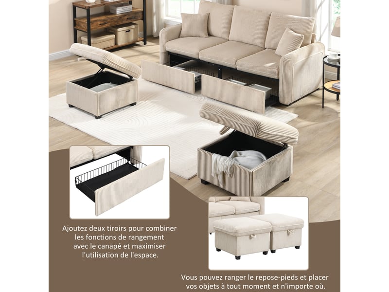 Canapé d'angle convertible 3 places, canapé en velours côtelé avec 2 poufs et espace de rangement, design modulable pour salon - Conforama D