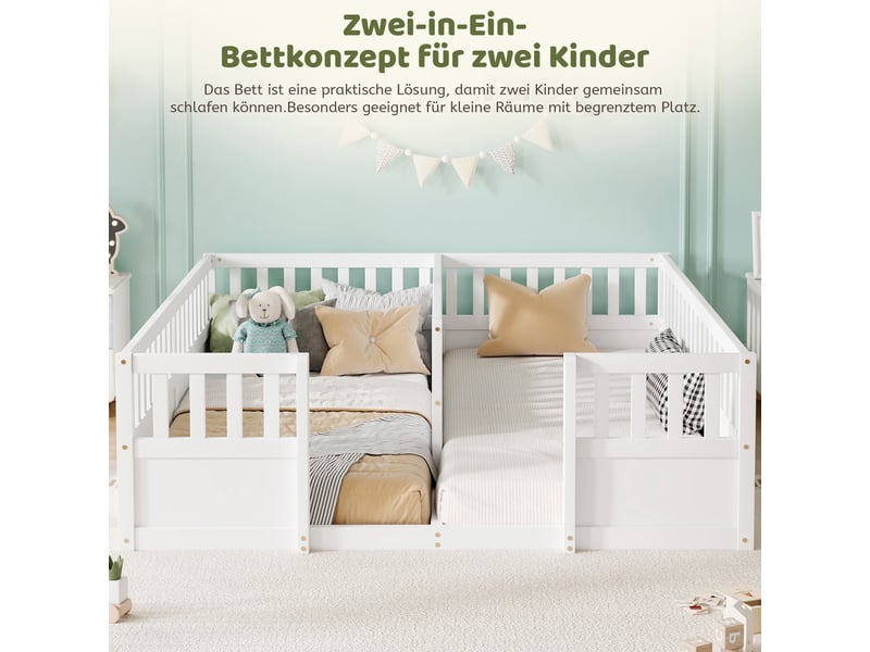  Lit au sol double enfant 2x90x200 cm, 2 couchages avec hauts garde-corps semi-fermés, entrée ouverte, structure en pin et mdf, blanc  - Conforama E