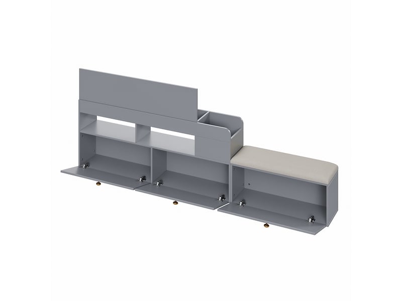 Lit double 140x200cm avec chevet, longue armoire de rangement, siège, tiroirs, tête de lit et sommier, pin+bois+mdf, gris, sans matelas - Conforama R