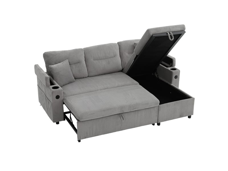 Canapé convertible 3 places avec chaise longue, usb-c et porte-gobelets, en velours côtelé gris clair 212,5 × 136 × 86 cm - Conforama A
