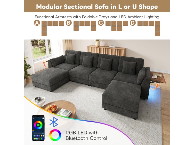  Canapé d’angle modulable ul gris, chenille, 2 poufs, led, tablettes d’accoudoir pliantes, 6 coussins  - Conforama D