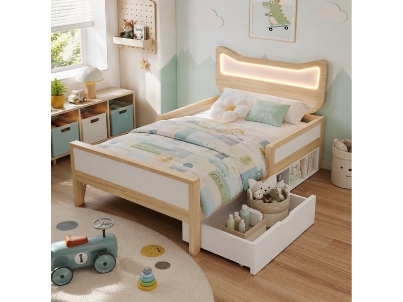  Modenvie lit enfant 90x190 cm - tete de lit chat led rgb, rangement modulable, sans matelas - blanc  - Conforama D