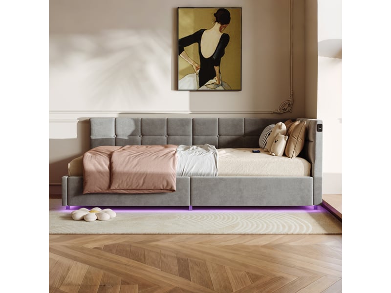  Canapé-lit 90 x 200 cm, lit simple rembourré avec éclairage led et port usb, lit de jour, lit pour adolescent avec rangement hydraulique et sommier à lattes, velours, gris, sans matelas  - Conforama D
