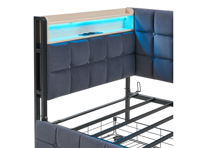  Canapé convertible lit simple avec 2 tiroirs, éclairage à couleurs variables et prises usb, tissu gris  - Conforama E