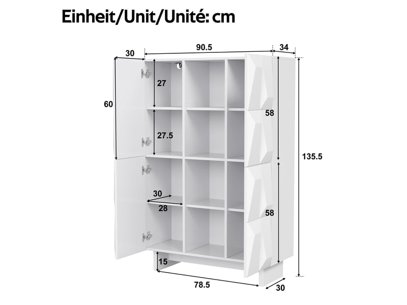  Buffet 90,5x34x135,5 cm, avec rangement en panneaux de particules, style moderne, meuble de rangement, coloris blanc  - Conforama C