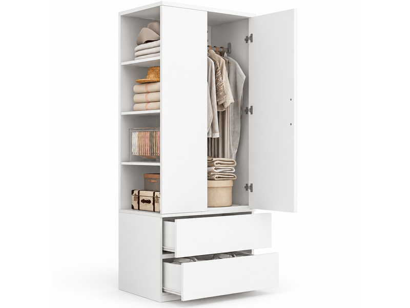 Armoire penderie 70x50x175 cm, 2 portes, 2 tiroirs, 4 niches ouvertes, bois, métal, mdf, blanc et coloris bois - Conforama A