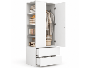 Armoire penderie 70x50x175 cm, 2 portes, 2 tiroirs, 4 niches ouvertes, bois, métal, mdf, blanc et coloris bois