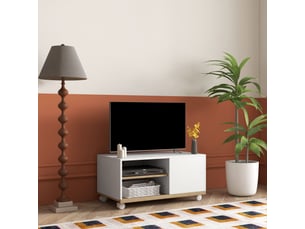 Meuble tv sur roulettes avec 2 freins - 2 niches + placard porte 2 passe-fil - en bois blanc chêne clair