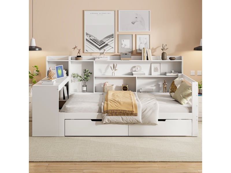  Lit multifonction 90x200 cm avec bureau, rangements et prise, pin blanc, sans matelas  - Conforama E