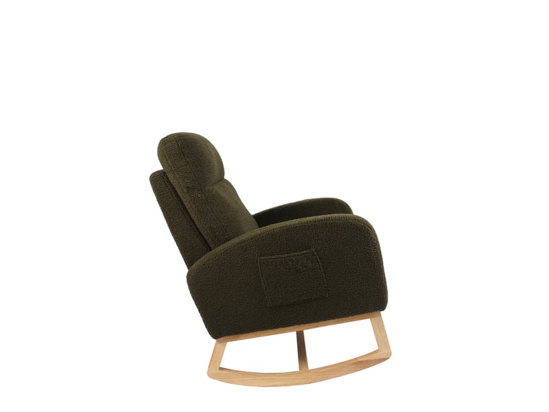 Fauteuil à bascule d'allaitement vert en tissu bouclette, dossier haut, poche latérale - Conforama E
