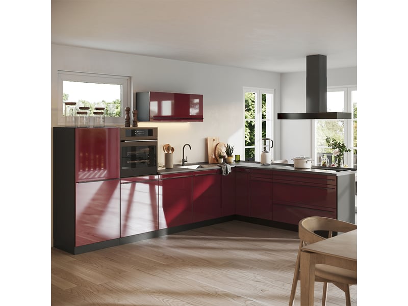 Vicco cuisine en angle, rouge brillantanthracite, 327 x cm plan de travail marbre - Conforama C