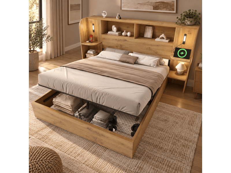 Lit double en bois 160x200 cm,lit coffre hydraulique avec rangement,étagères de tête de lit,éclairage led,port usb,sans matelas,chêne - Conforama B