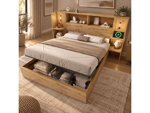 Lit double en bois 160x200 cm,lit coffre hydraulique avec rangement,étagères de tête de lit,éclairage led,port usb,sans matelas,chêne