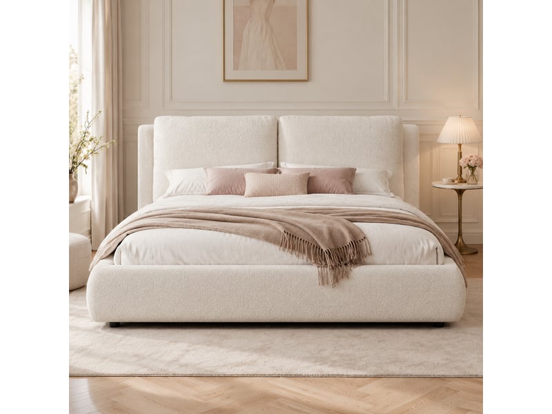 Lit coffre 160x200 cm en bouclé beige avec sommier à lattes et tête de lit - Conforama B