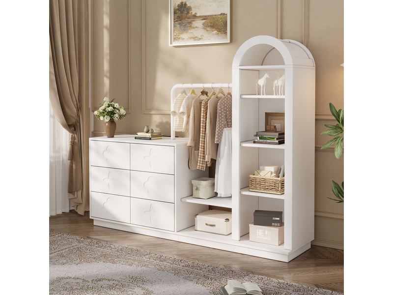 Commode blanche 6 tiroirs avec penderie et étagères en mdf, 160,5 x 40 x 134 cm - Conforama B