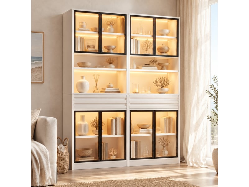  Vitrine led avec 4 portes vitrées, 1 tiroir et niches ouvertes, pour salon, en mdf blanc, 80 × 35 × 200 cm  - Conforama B