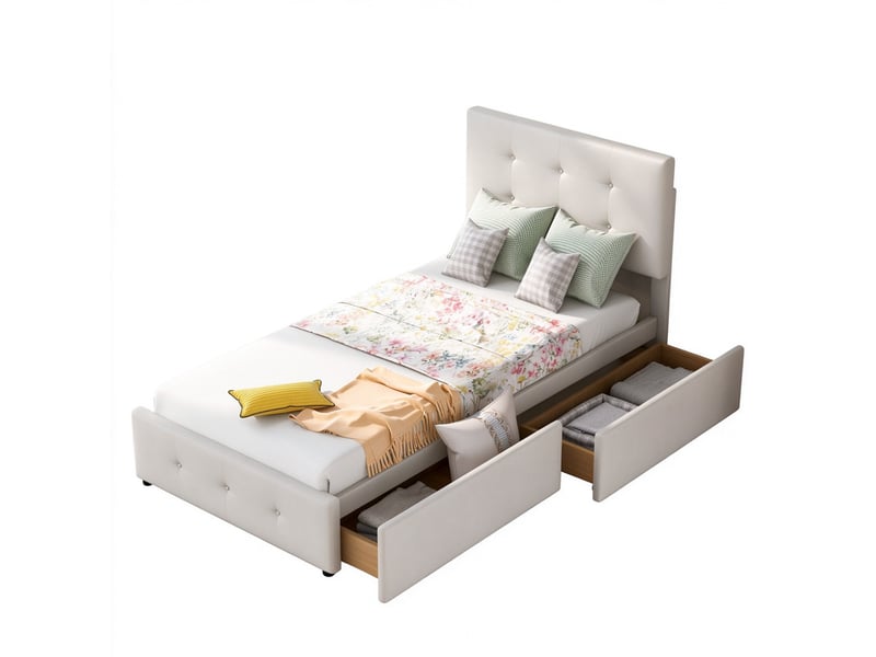  Lit simple 90x200 cm,tête de lit réglable,2 tiroirs à roulettes,revêtement velours beige clair,sommier à lattes pour chambre enfant  - Conforama A