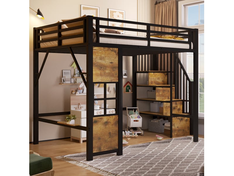Lit mezzanine 140 × 200 cm avec échelle à rangements, espace ouvert, barrières de sécurité, chambre d’enfant noir - Conforama B