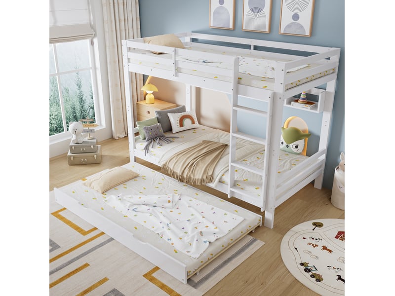  Lit superposé enfant ulevr 90x200 cm avec lit gigogne à roulettes, échelle à 4 marches, étagères de 2 m, pin, mdf et contreplaqué, blanc  - Conforama E