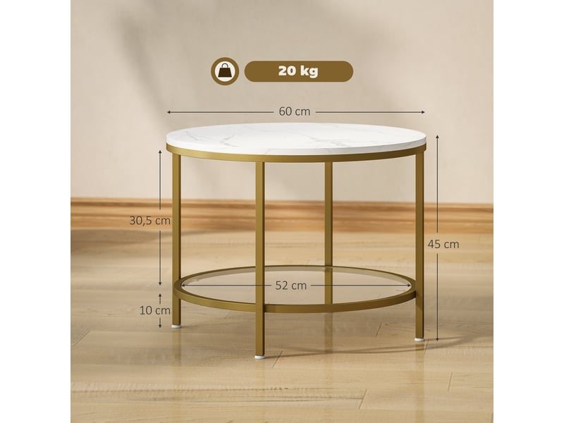 Table basse ronde dia. 60 cm avec étagère verre trempé métal doré plateau effet marbre blanc  - Conforama D