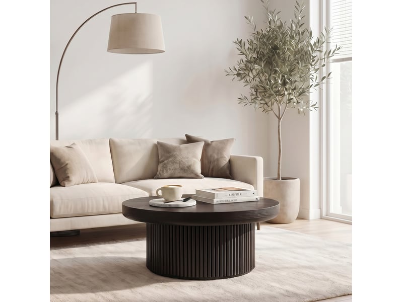  Table basse ronde cannelée, plateau de 8 cm en bois noir  - Conforama D