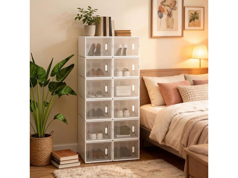  Meuble à chaussures avec 12 boîtes empilables transparentes et portes frontales pour chambre, 25 × 35,5 × 18,5 cm  - Conforama C