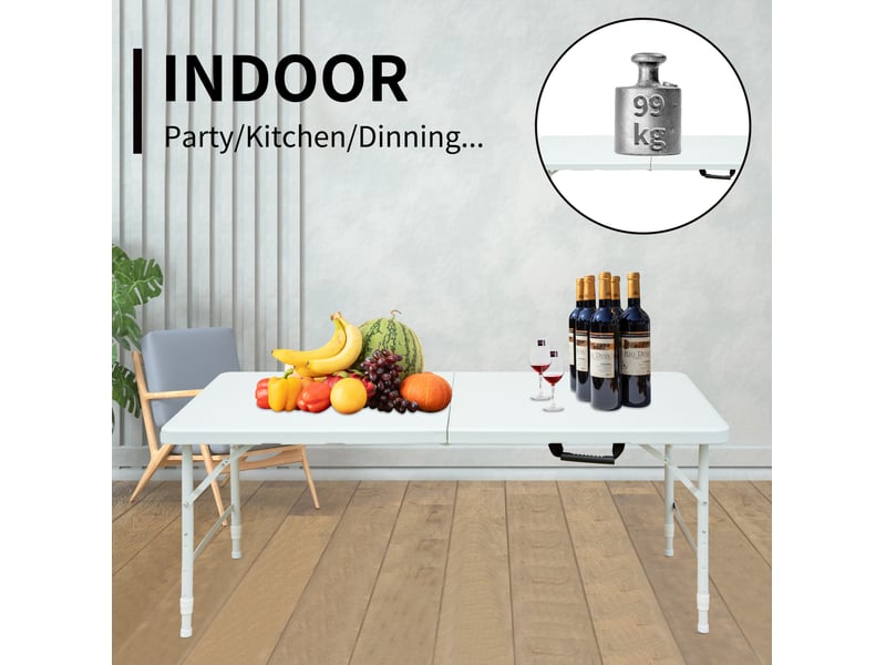  Table de jardin pliante blanche 124,97 cm, hauteur réglable 58–73,66 cm, en plastique et métal, facile à transporter  - Conforama D