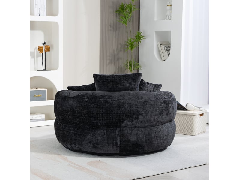  Fauteuil lounge modenvie en chenille noire avec 3 coussins 108 x 108 x 52 cm  - Conforama D