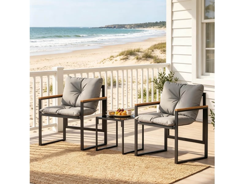  Salon de jardin 2 places noir et gris, fauteuils en métal avec coussins et table 40 cm en verre trempé  - Conforama E