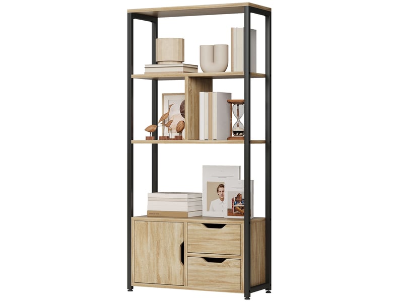  Bibliothèque style industriel 3 étagères placard porte 2 tiroirs 58 x 24 x 122 cm effet bois naturel acier noir  - Conforama B