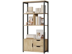 Bibliothèque style industriel 3 étagères placard porte 2 tiroirs 58 x 24 x 122 cm effet bois naturel acier noir