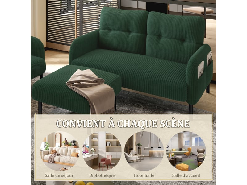  Ensemble canapé, fauteuil et pouf modenvie 4 places en velours côtelé vert émeraude  - Conforama D
