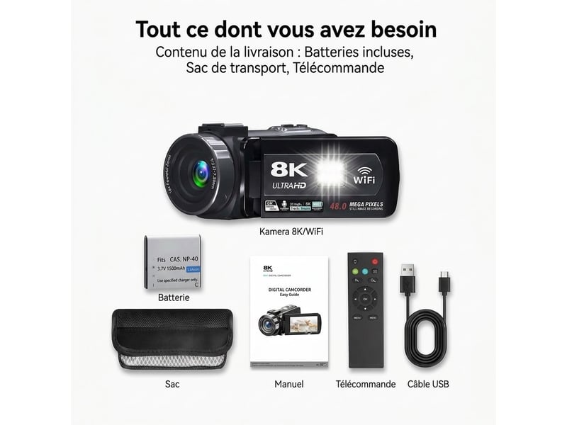  Caméscope numérique 8k ultra hd 48mp – caméra vidéo de vlog avec vision nocturne infrarouge, écran tactile rotatif 3,0, wifi et télécommande 2.4g – noir  - Conforama E